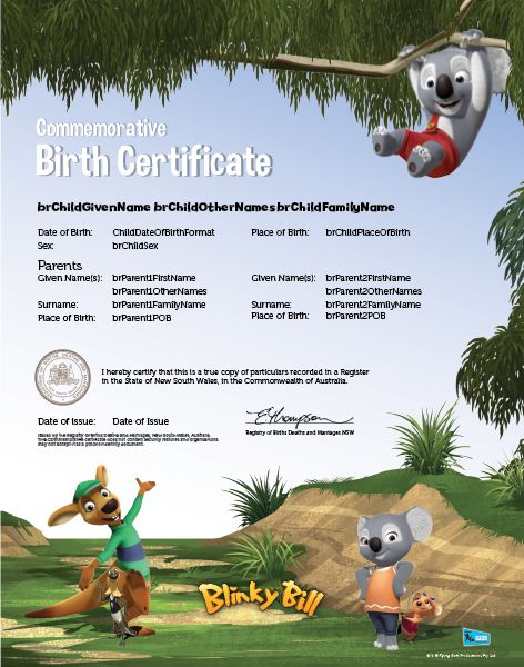 Commemorative Birth Certificate Blinky Bill