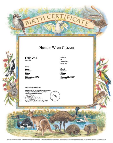 Commemorative Birth Certificate Fauna