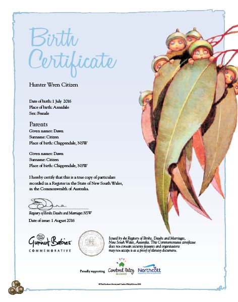 Commemorative Birth Certificate Gumnut Babies
