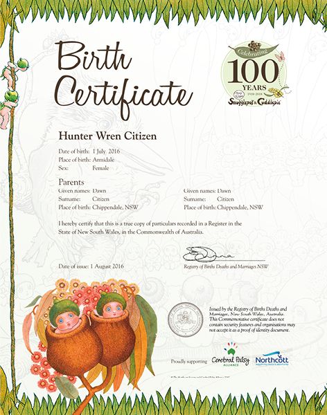 Commemorative Birth Certificate Snugglepot and Cuddlepie