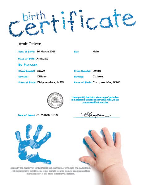 Commemorative Birth Certificate hand print Blue