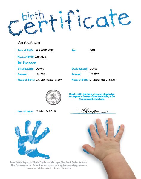 Commemorative Birth Certificate hand print Blue 2