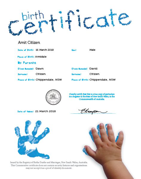 Commemorative Birth Certificate hand print Blue 3
