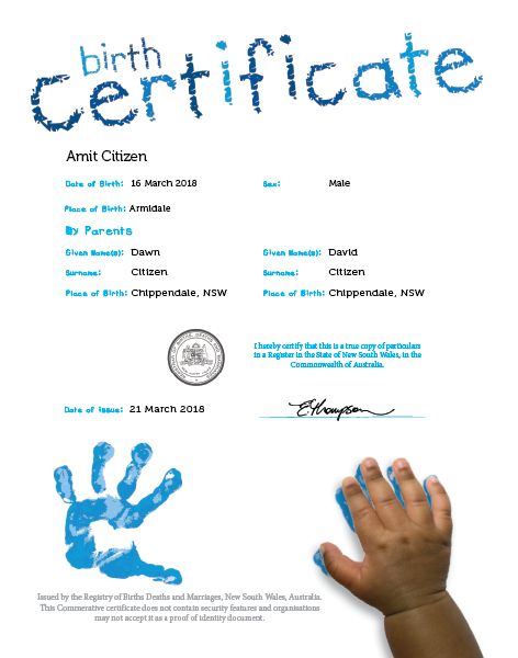 Commemorative Birth Certificate hand print Blue 4