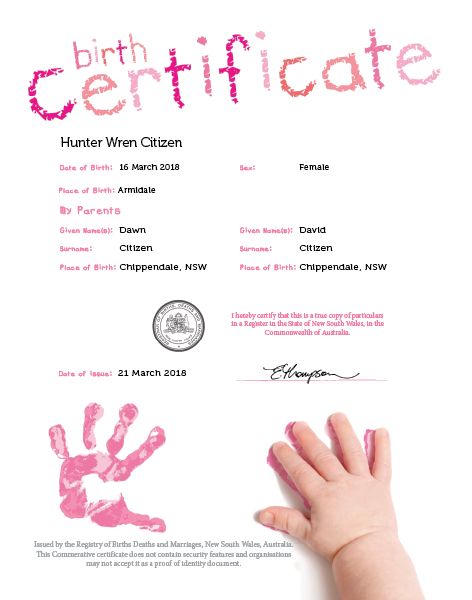 Commemorative Birth Certificate hand print Pink