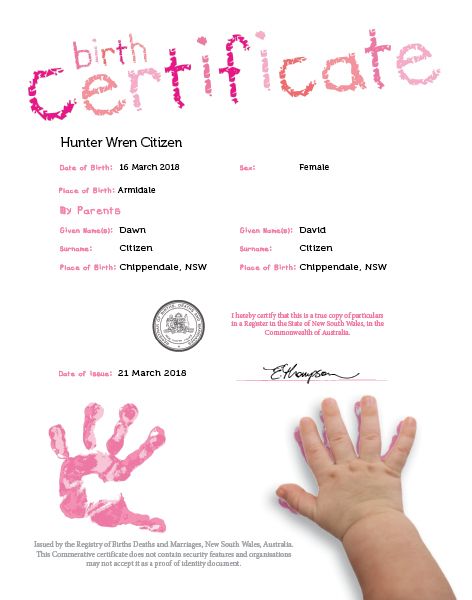 Commemorative Birth Certificate hand print Pink 2