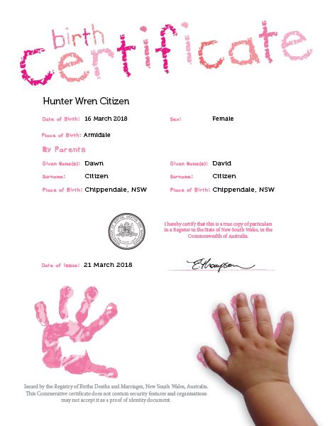 Commemorative Birth Certificate hand print Pink 3