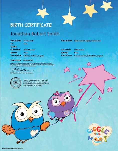 Commemorative Birth Certificate Giggle & Hoot Star