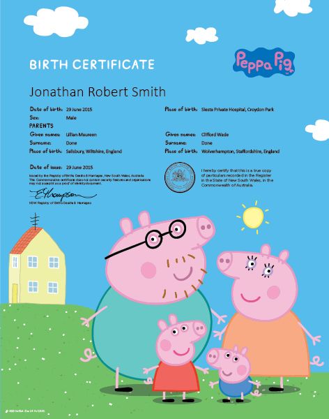 Commemorative Birth Certificate Peppa Pig Family