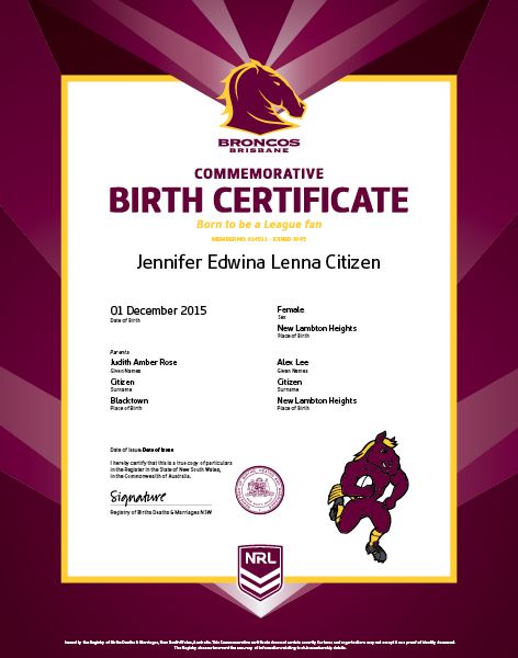 Commemorative Birth Certificate NRL Bronco
