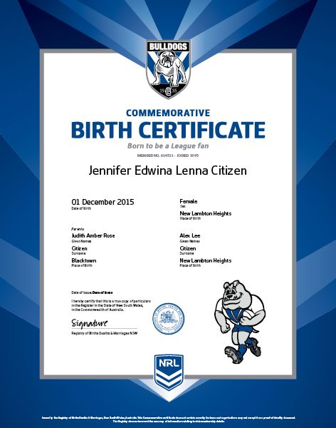 Commemorative Birth Certificate NRL Bulldog