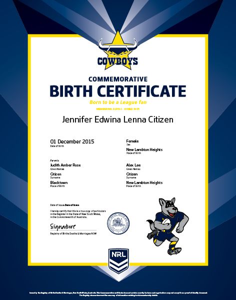 Commemorative Birth Certificate NRL Cowboys
