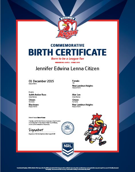 Commemorative Birth Certificate NRL Roosters