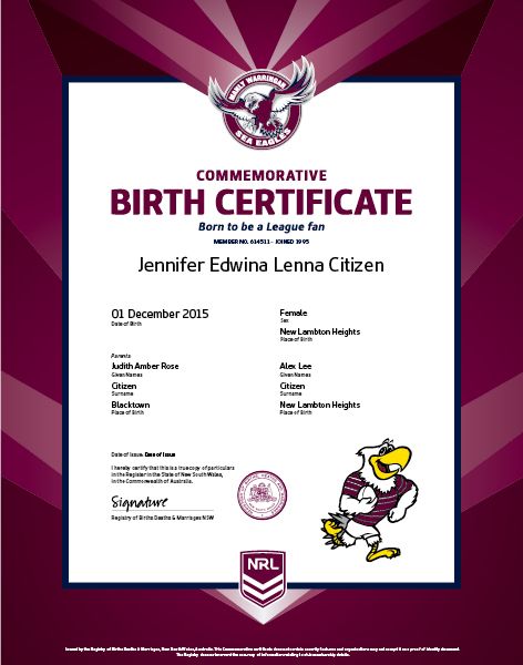 Commemorative Birth Certificate NRL Sea Eagles