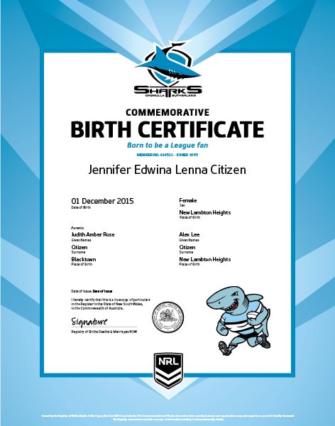 Commemorative Birth Certificate NRL Sharks