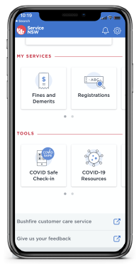 Screenshot of Service NSW app showing COVID Safe check-in button