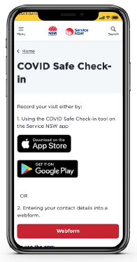 Screenshot of Service NSW app showing webform COVID check-in option