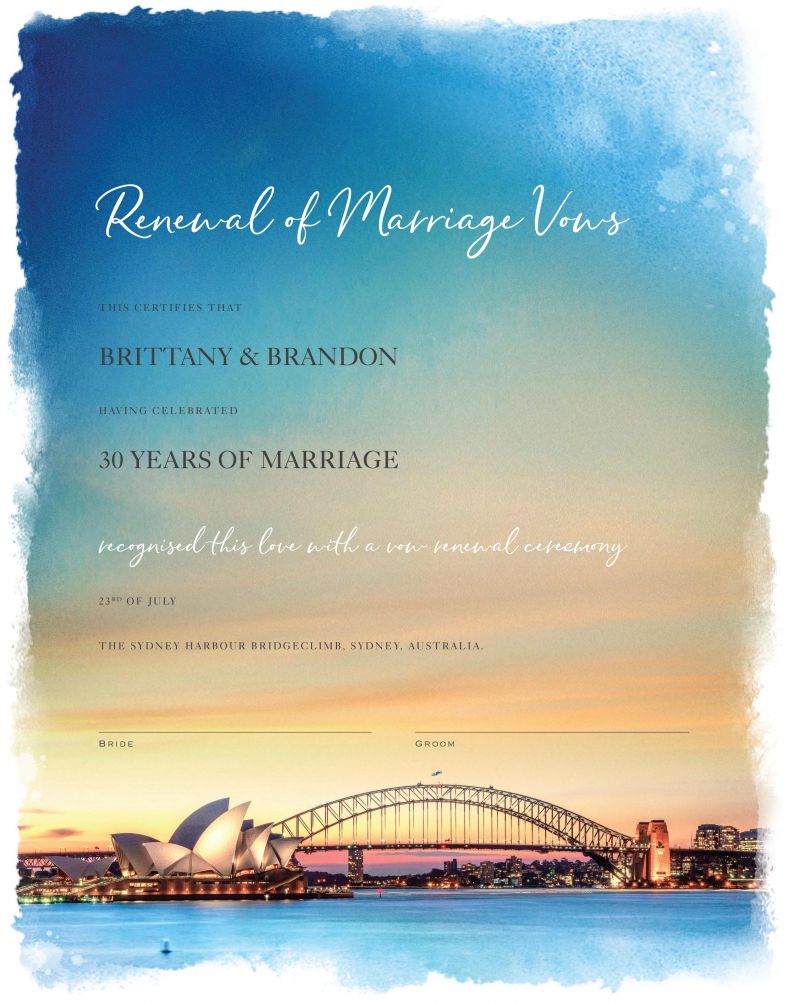 An example of a vow renewal certificate with Harbour Bridge