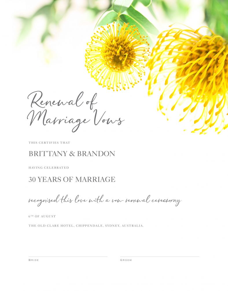 An example of vow renewal certificate with protea flowers
