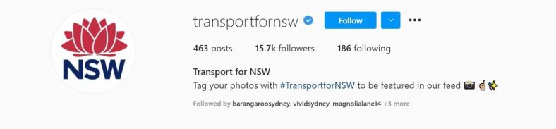 Screenshot of Transport for NSW on Instagram demonstrating correct branding