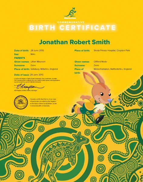 Wallaby commemorative birth certificate