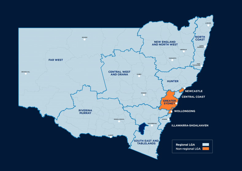 Map of New South Wales with Sydney, Wollongong and Newcastle local government areas highlighted as ineligible for the Regional Youth Taskforce.