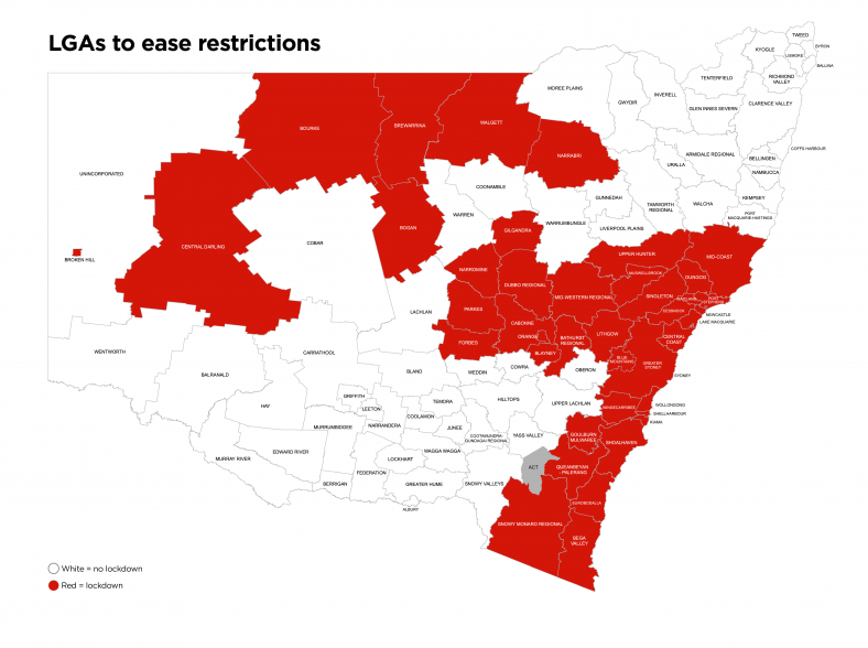 Map of New South Wales which shows local government areas where restrictions are easing