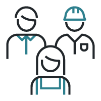 Icon showing three people, one with teal hard hat, one with teal apron and one with teal tie.