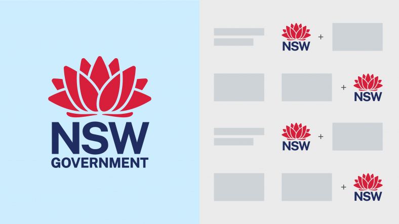 The NSW Government logo appears on the left, various logo configurations appear on the right.