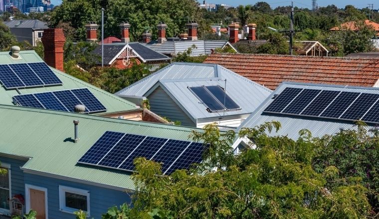 Solar panels on suburban house rooftops