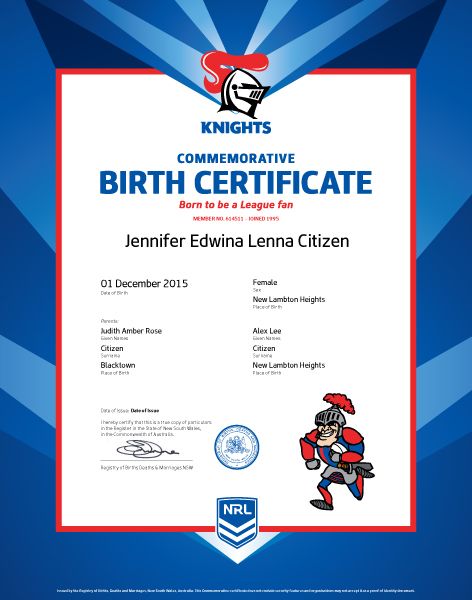 Commemorative Birth Certificate NRL Knights