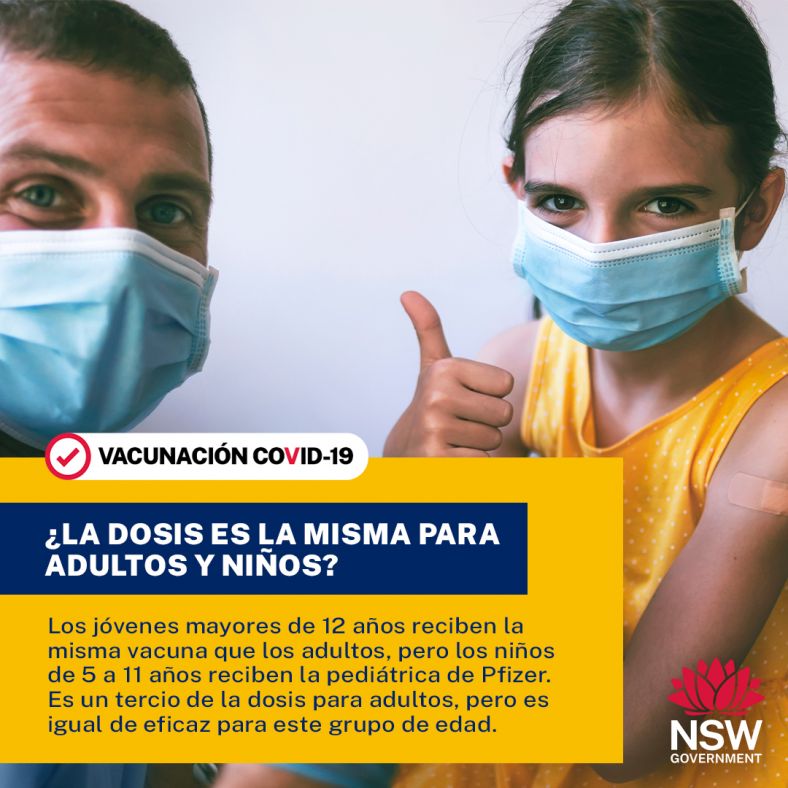 Dad and daughter with masks on with vaccination text overlaid onto photo