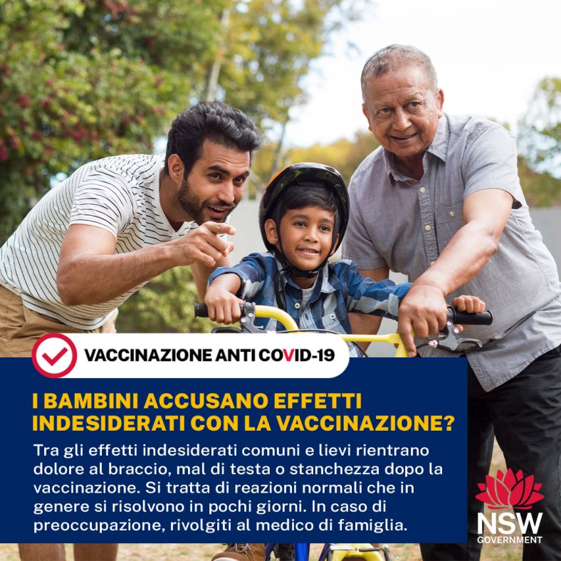 A grandfather, father and son on a bike with vaccination text overlaid over the image