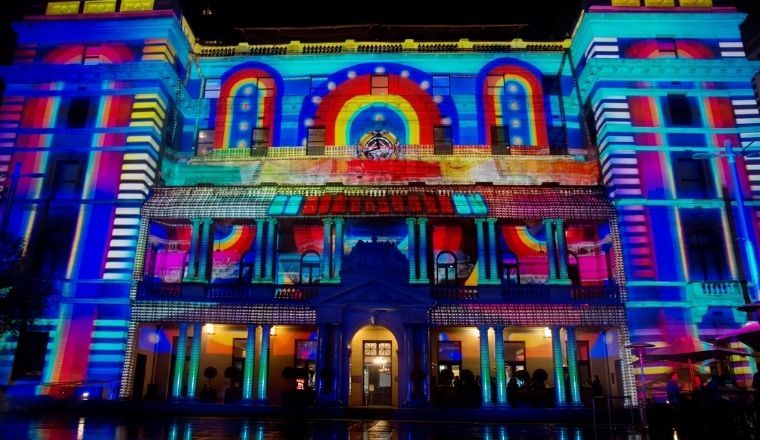 Customs House lit up with colourful lights for Vivid Sydney.