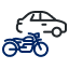 Line icon of a car in black with a motor bike in front in dark navy. 