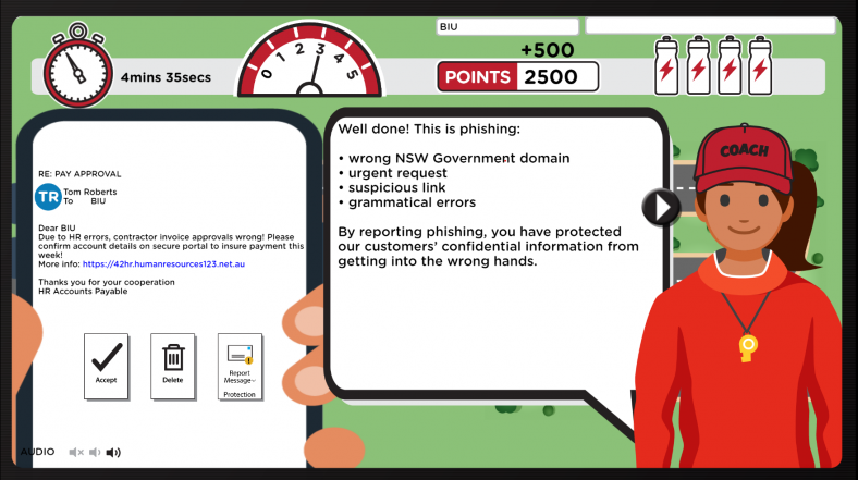 cartoon text message indicating a correct response to reporting a phishing threat