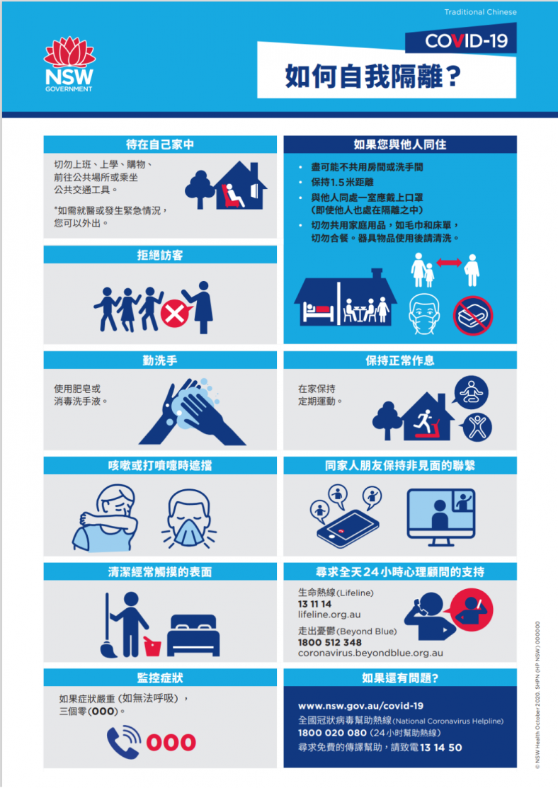 NSW Health How to self isolate in Cantonese, Traditional Chinese factsheet