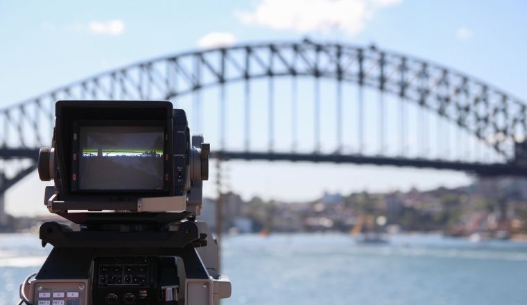 A stage camera pointing to the Sydney Harbour Bridge.