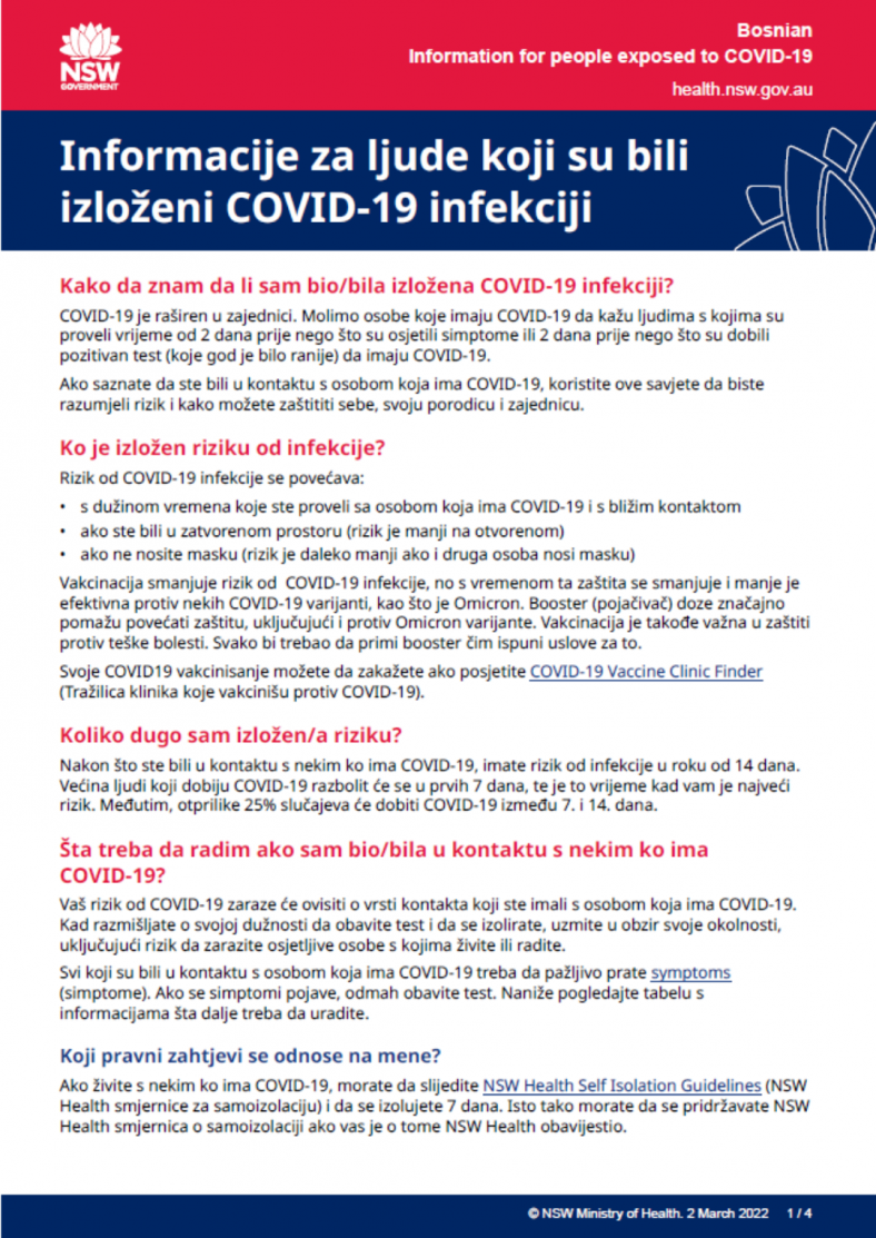 Information for people exposed to COVID-19 factsheet thumbnail Bosnian