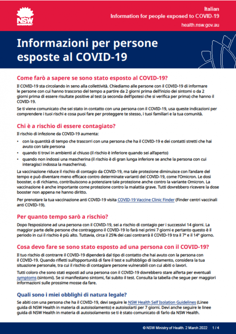 Italian Information for people exposed to COVID19