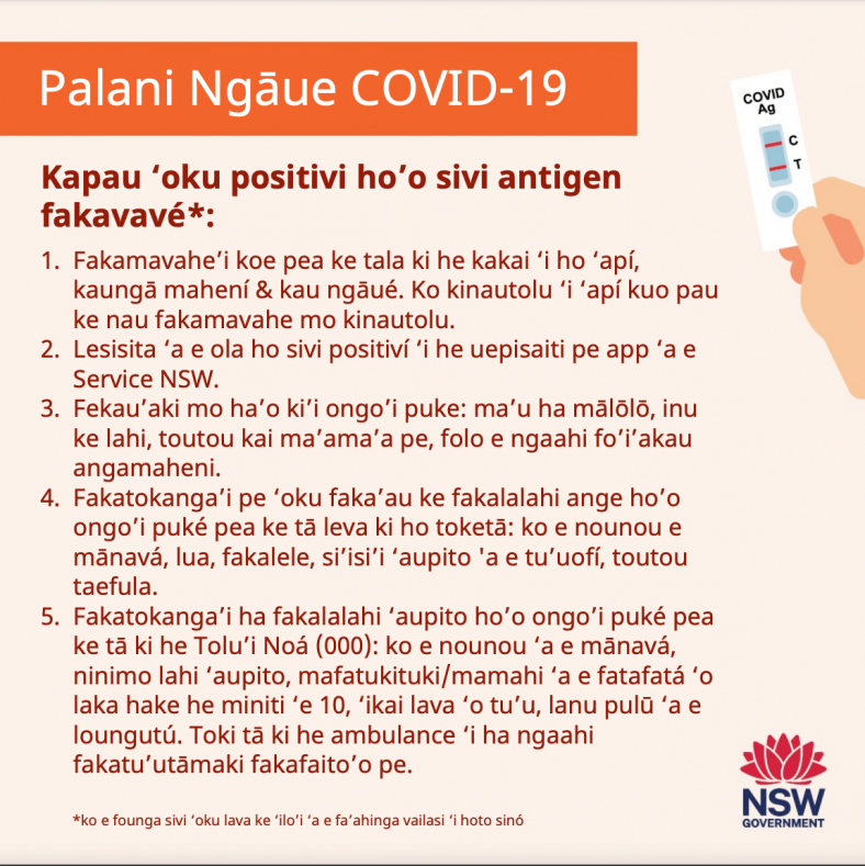 Tongan language instructions on what to do if you test positive to COVID-19 on a RAT test