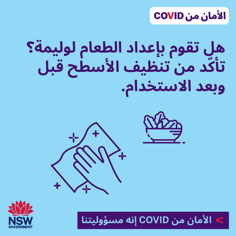 Arabic (العربية) COVID Safe gathering Be sure to clean surfaces