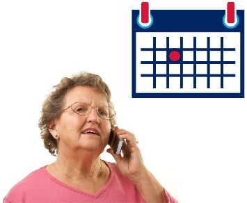 older lady on phone and illustration of wall calendar