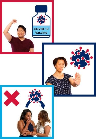 A montage of three images. The first is a man raising his first in the air and a COVID-19 vaccine, the second is a woman holding her hand out to stop someone and a COVID-19 icon, the third is a woman coughing next to a woman. Above them is an arrow with a COVID-19 icon on it that goes from the coughing woman to the other woman; there is also a cross next to the women.