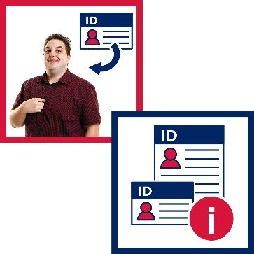 Montage of two images. The first is an ID document with an arrow pointing at a man, the second is two ID documents and an information icon.