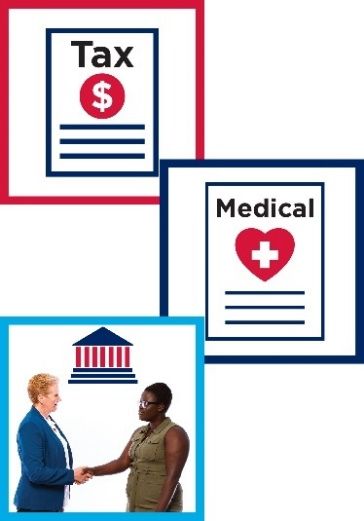 Montage of three images. The first is a document with the word tax on it and a dollar sign , the second is a document with the word medical and a health icon, the third is two women shaking hands and a goverment icon.