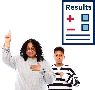 woman and boy with medical results chart