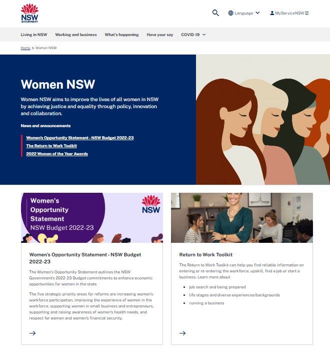 screenshot of Women NSW landing page