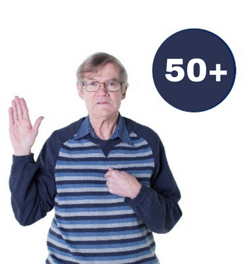 An older man with his hand in a stop position with a symbol saying 'aged 50+' above him