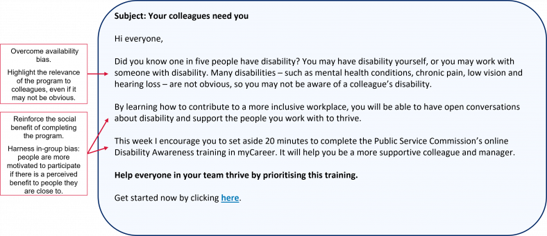 Email prompting staff complete disability awareness training in order to better support themselves and their colleagues